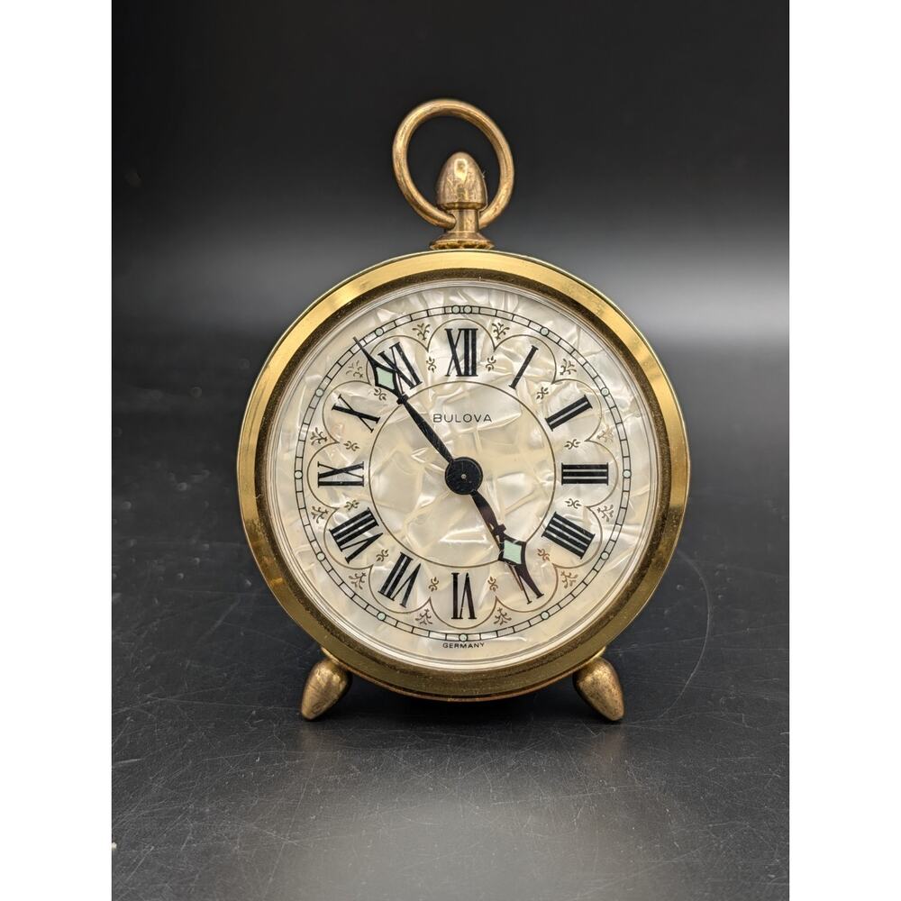 Bulova MCM Alarm Clock MOP Dial West Germany Filigree Brass - Ticks/Need Repair